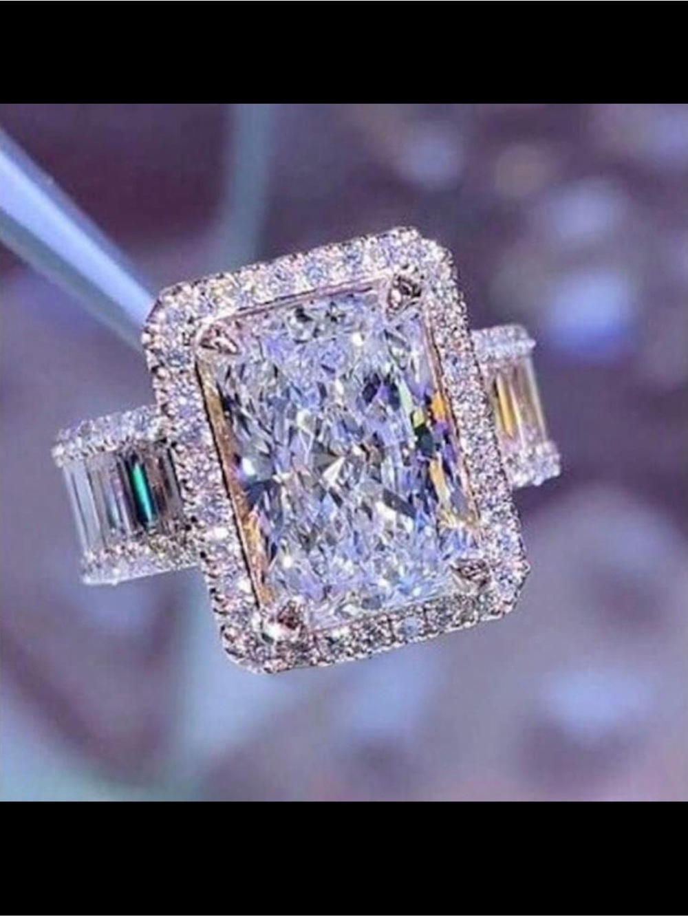 White Gold Emerald-Cut Halo Diamond Ring - Unbranded